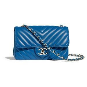 CHANEL Lambskin Leather Blue Chevron Quilted Mini Rectangular Flap Bag